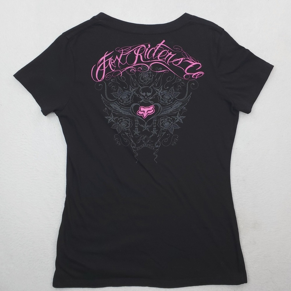 Fox Riders Shirt Womens XL Black V Neck Skull Rose Graphic Moto Back Print